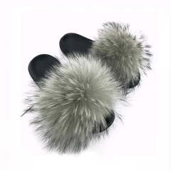 Flash Sale Summer outdoor solid color raccoon fur slipper muti color for girls