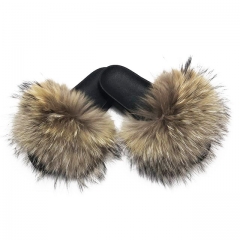 Flash Sale new fashion hot sale raccoon Fur sandals, natural color large fur slipper