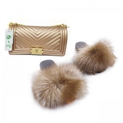 Solid Colour Golden Jelly Purse With Golden Fur Slides