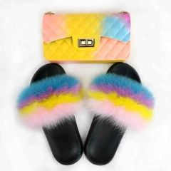 Colorful Fur Slides With Maching Jelly Purse-Muticolour