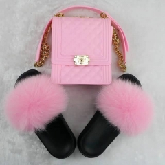 2020 New Style Fox Fur Slides with Matching Jelly Phone Bag Set