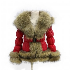 Winter Puffer Jacket Red Down Coat With Raccoon Fur Trim 2x2