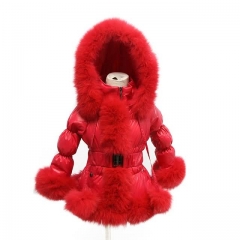 Winter  Kids Puffer Jacket Red Down Coat With Raccoon Fur Trim 1x1