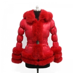 Winter Puffer Jacket Red Down Coat With Fox Fur Trim 2x3